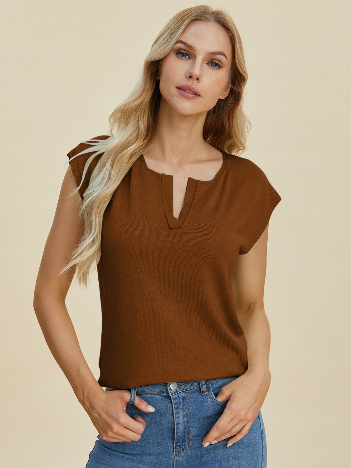 Double Take - Split Neckline Cap Sleeve Knit Top