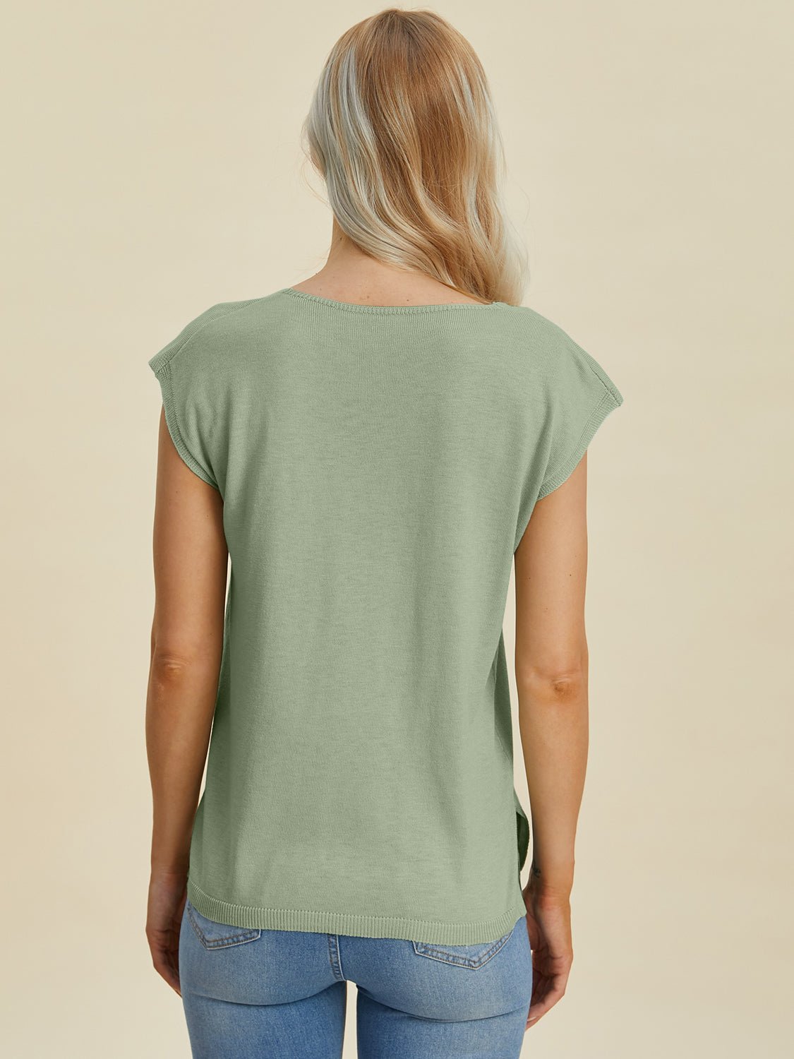 Double Take - Split Neckline Cap Sleeve Knit Top