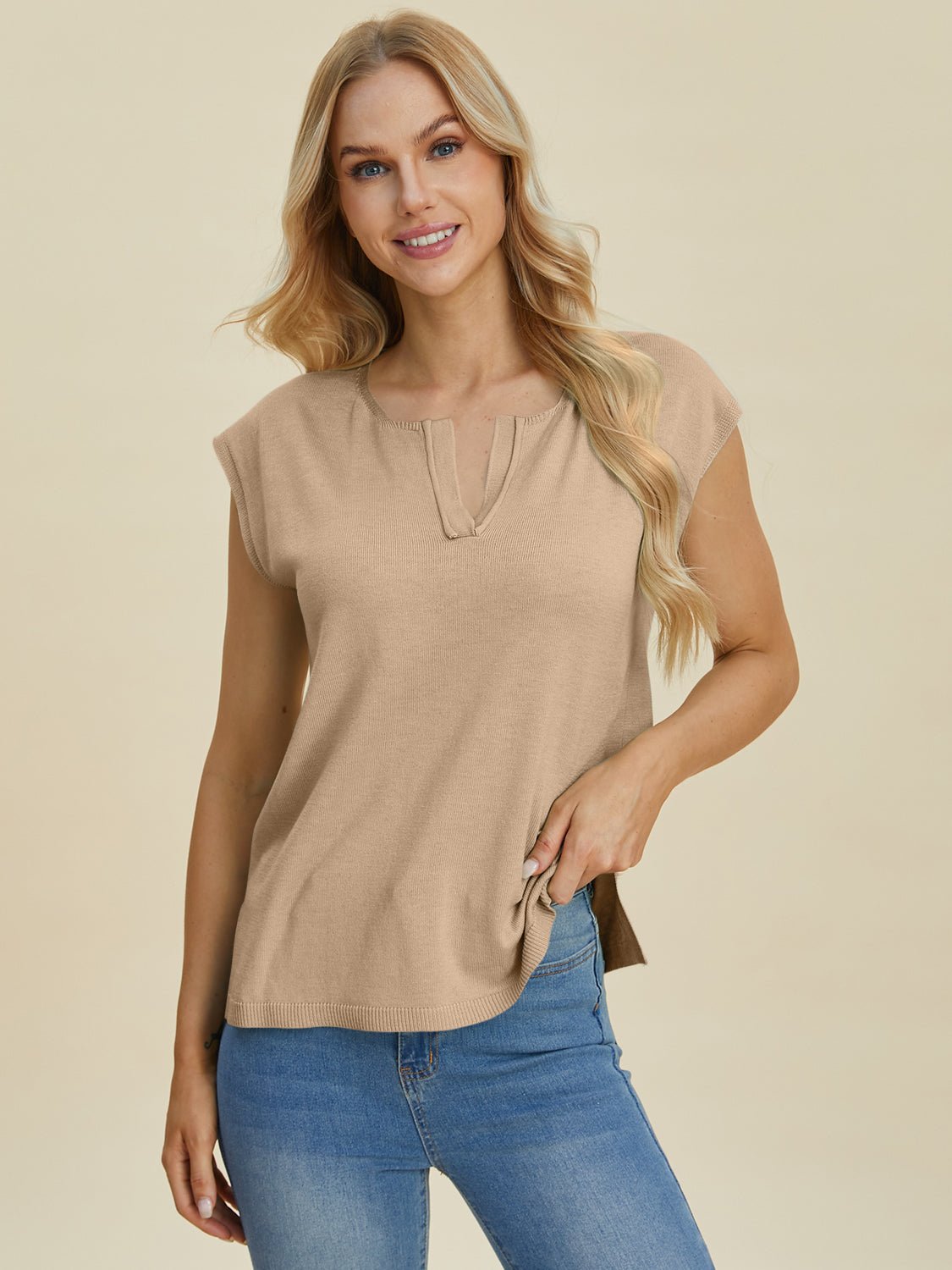 Double Take - Split Neckline Cap Sleeve Knit Top