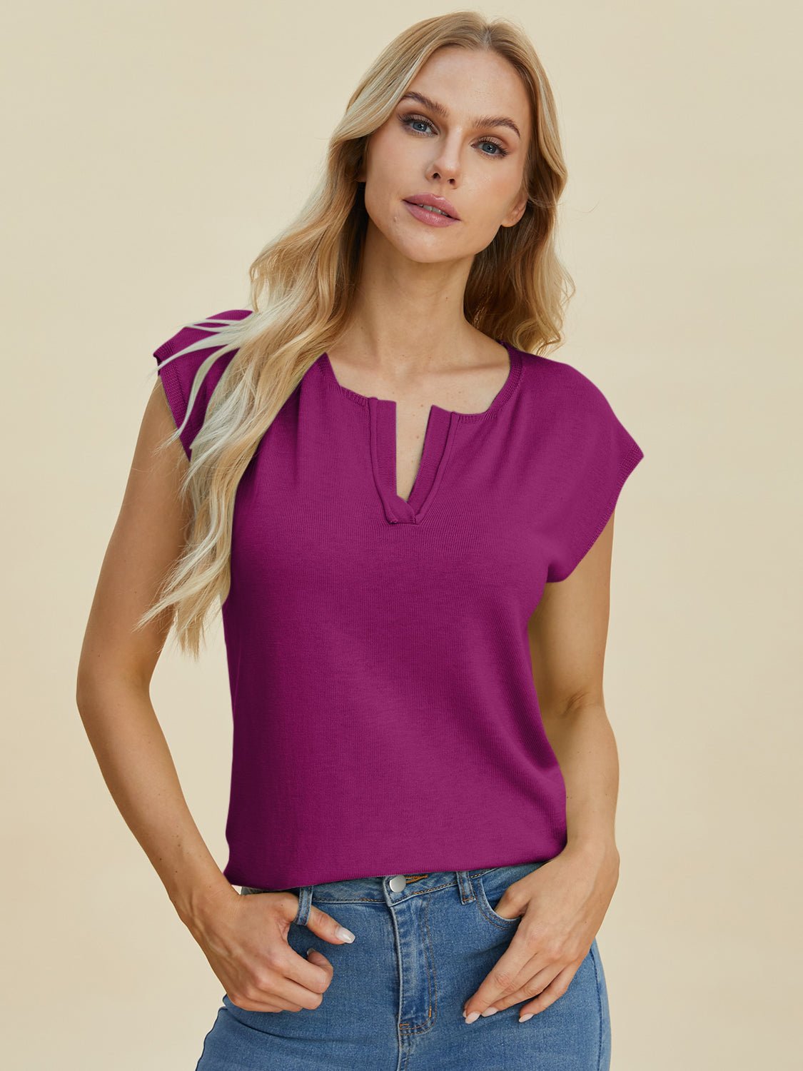 Double Take - Split Neckline Cap Sleeve Knit Top