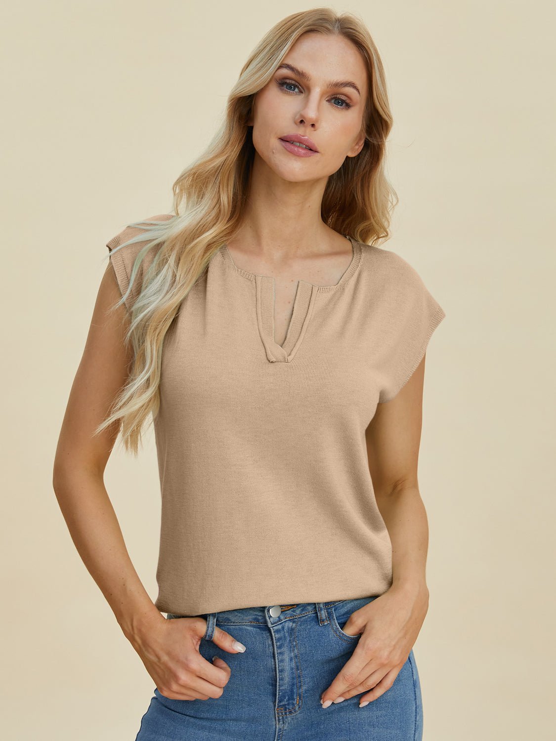 Double Take - Split Neckline Cap Sleeve Knit Top