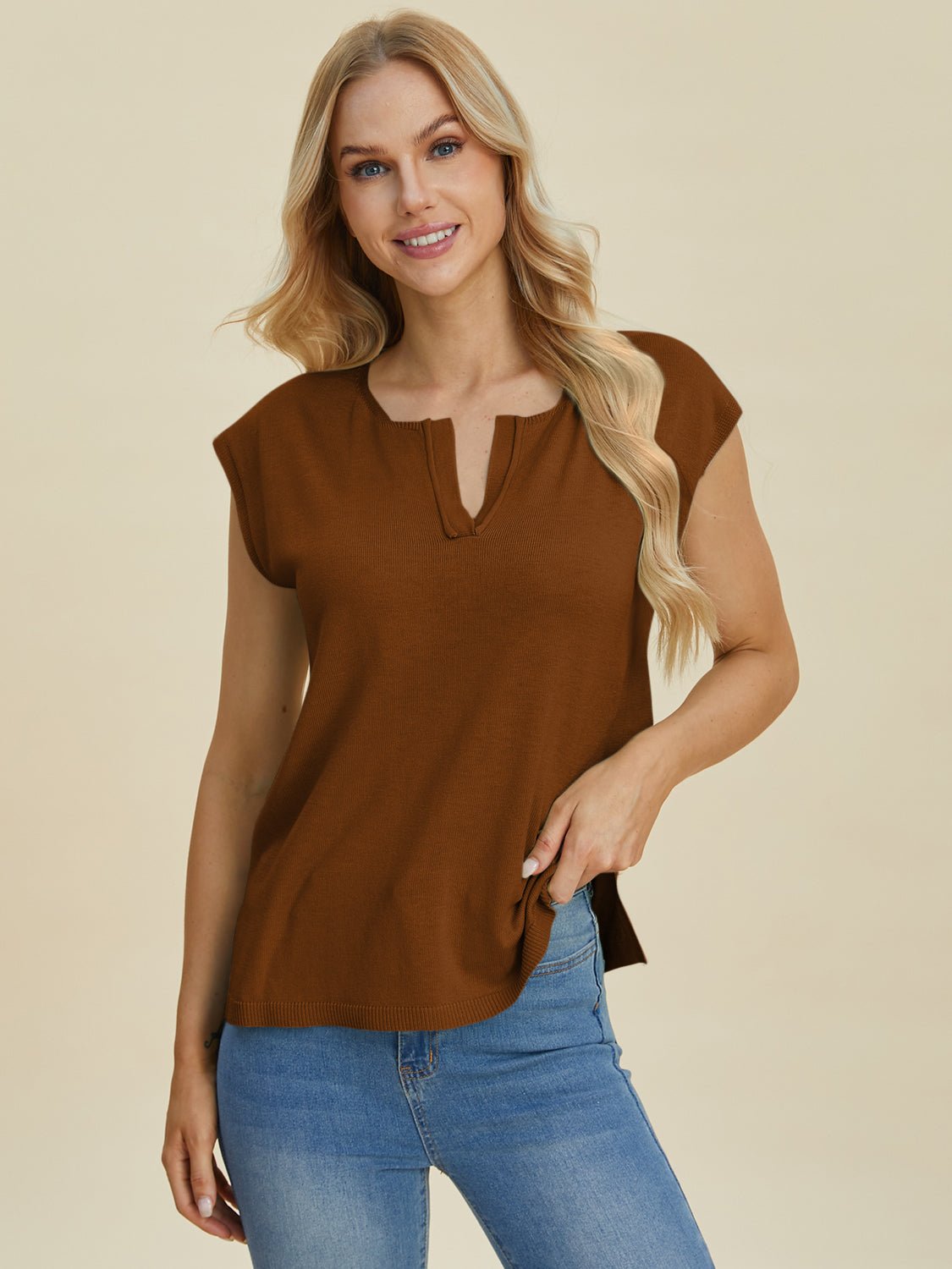 Double Take - Split Neckline Cap Sleeve Knit Top