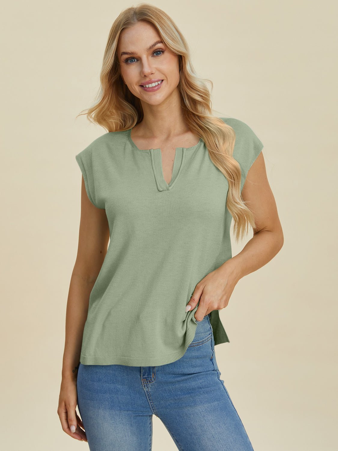 Double Take - Split Neckline Cap Sleeve Knit Top