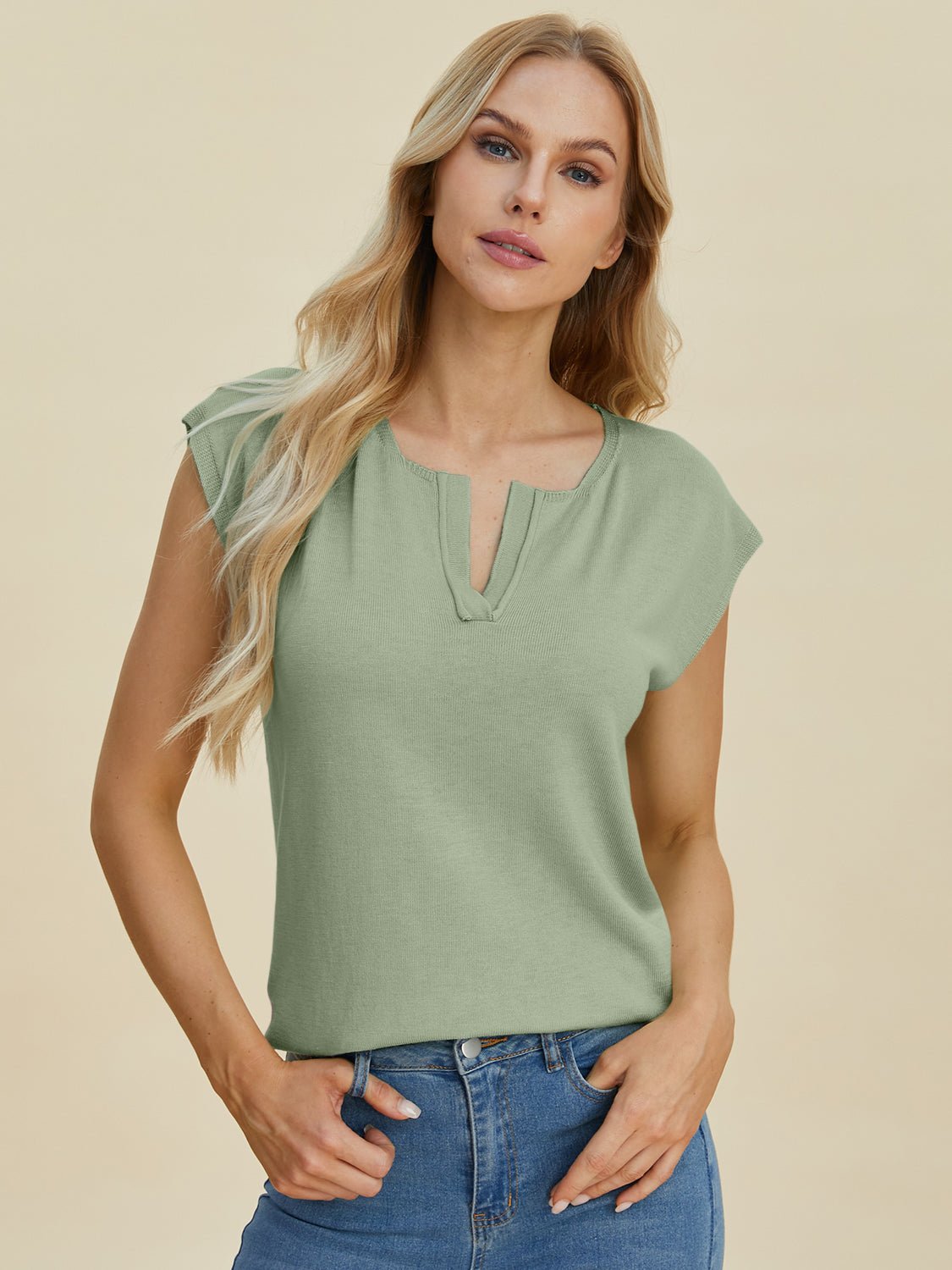 Double Take - Split Neckline Cap Sleeve Knit Top