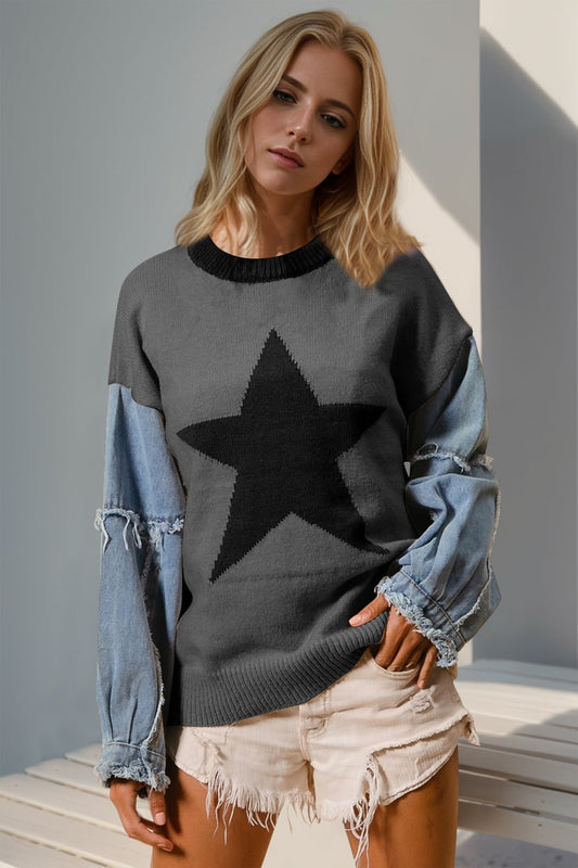 Double Take - Star Pattern Raw Edge Denim Sleeve Sweater