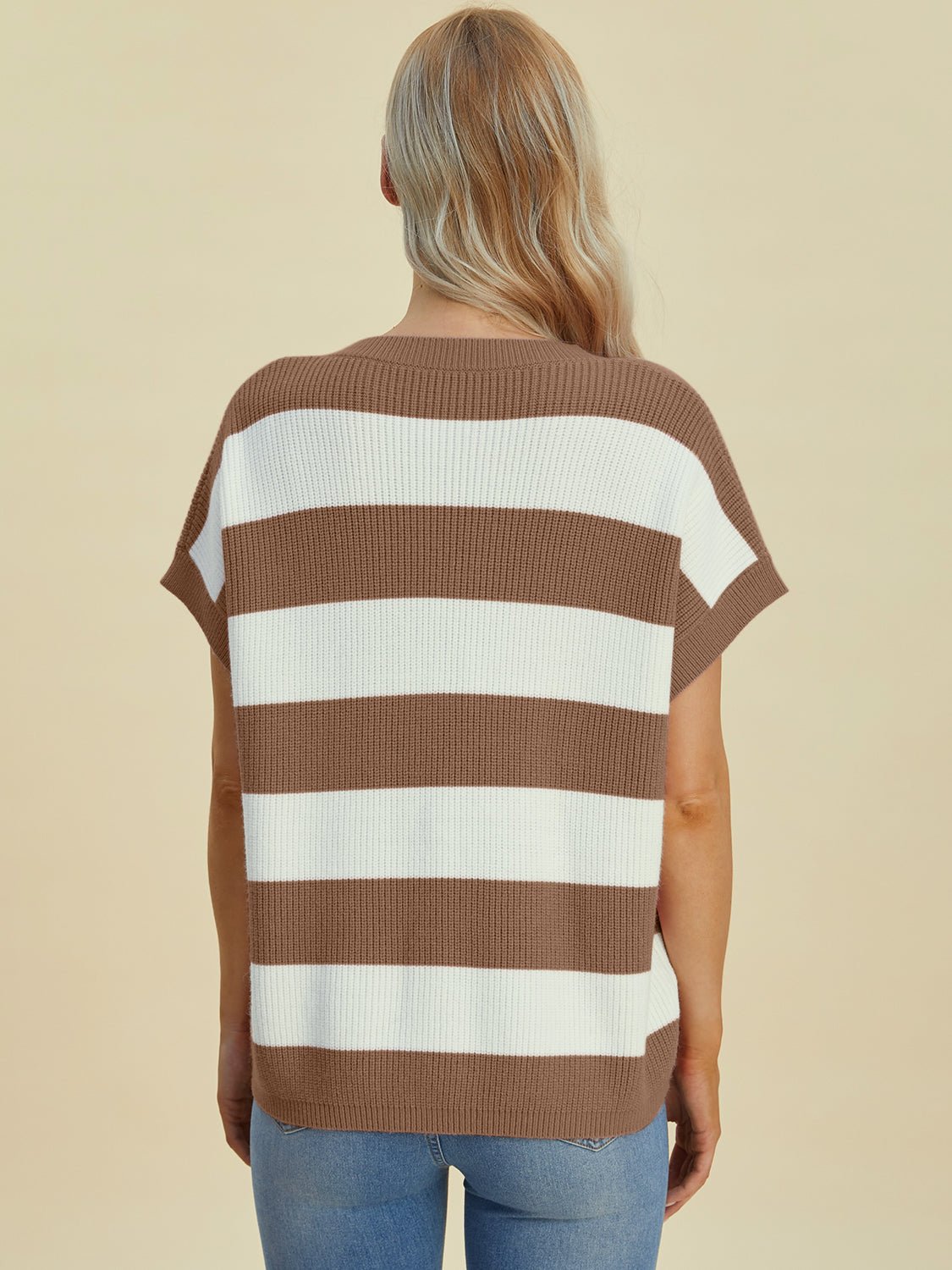 Double Take - Striped V - Neck Short Sleeve Sweater