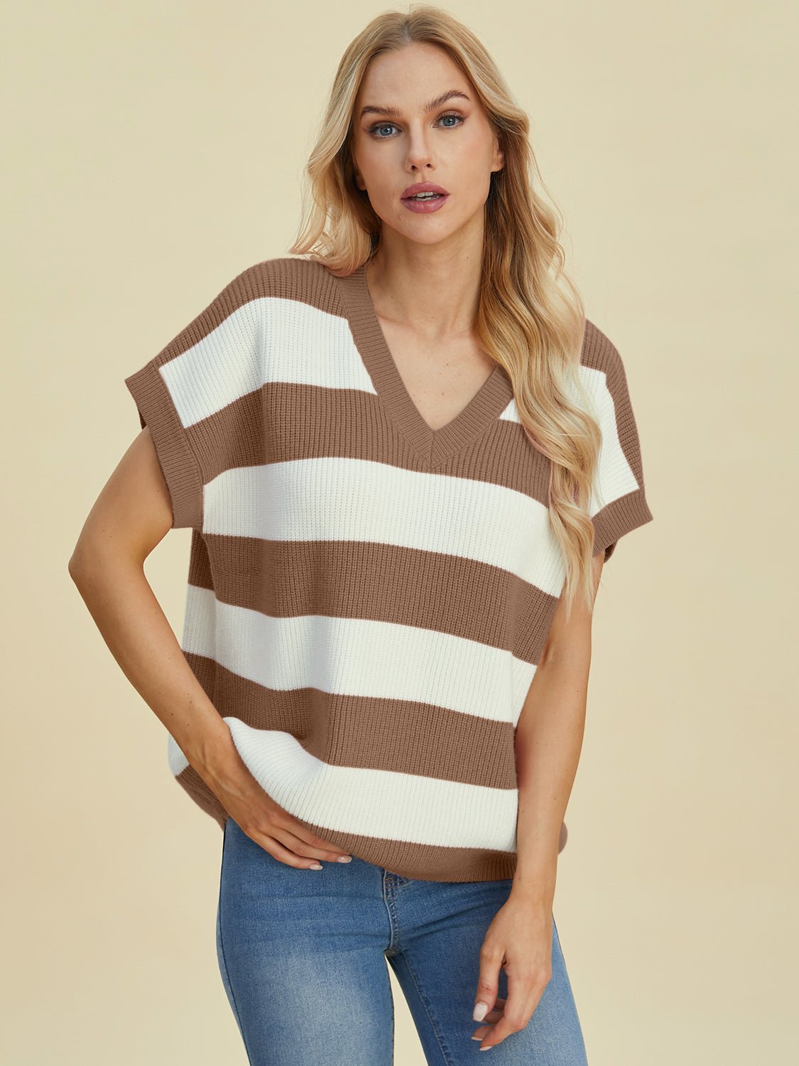 Double Take - Striped V - Neck Short Sleeve Sweater