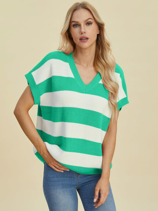 Double Take - Striped V - Neck Short Sleeve Sweater