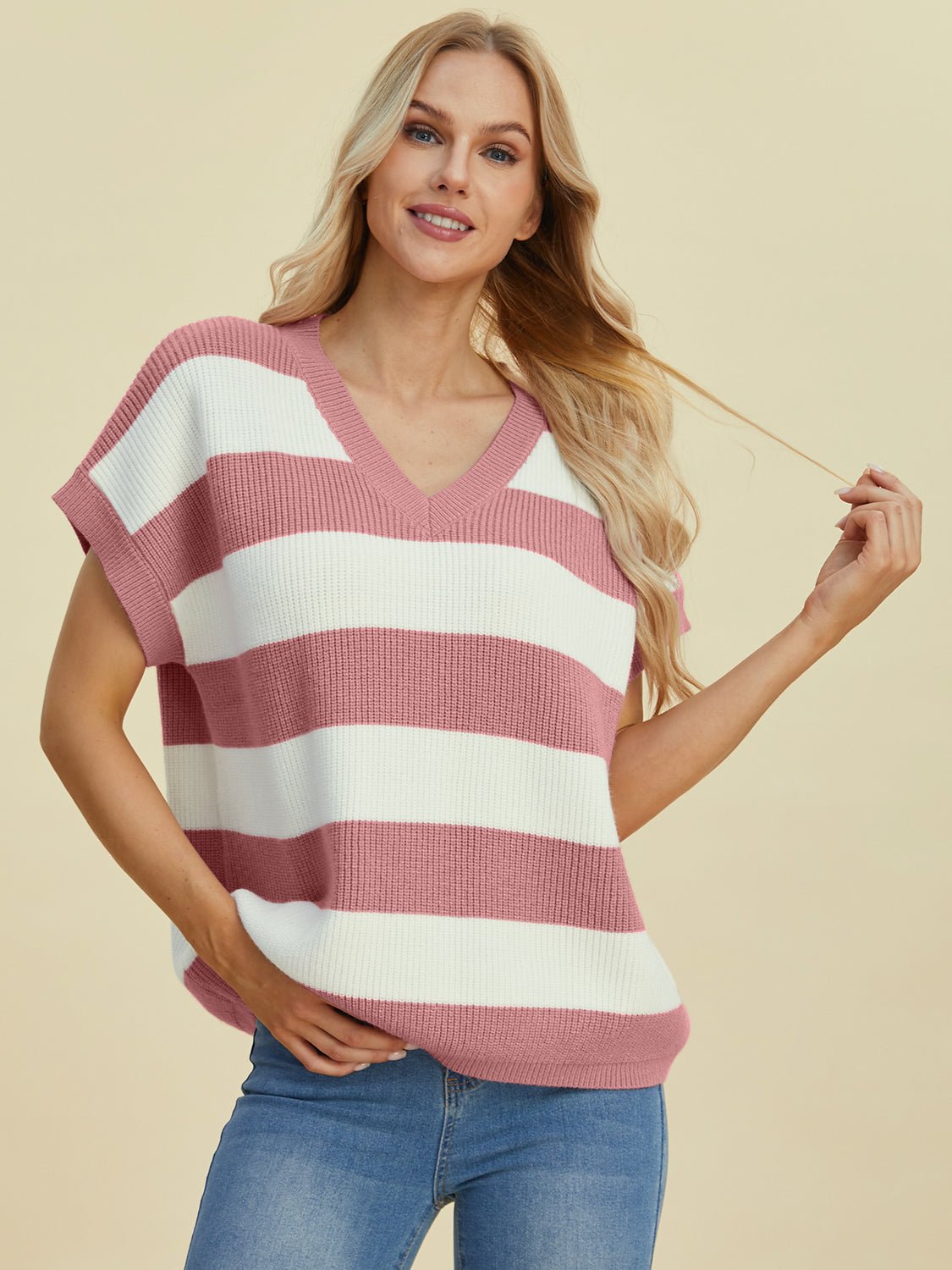 Double Take - Striped V - Neck Short Sleeve Sweater