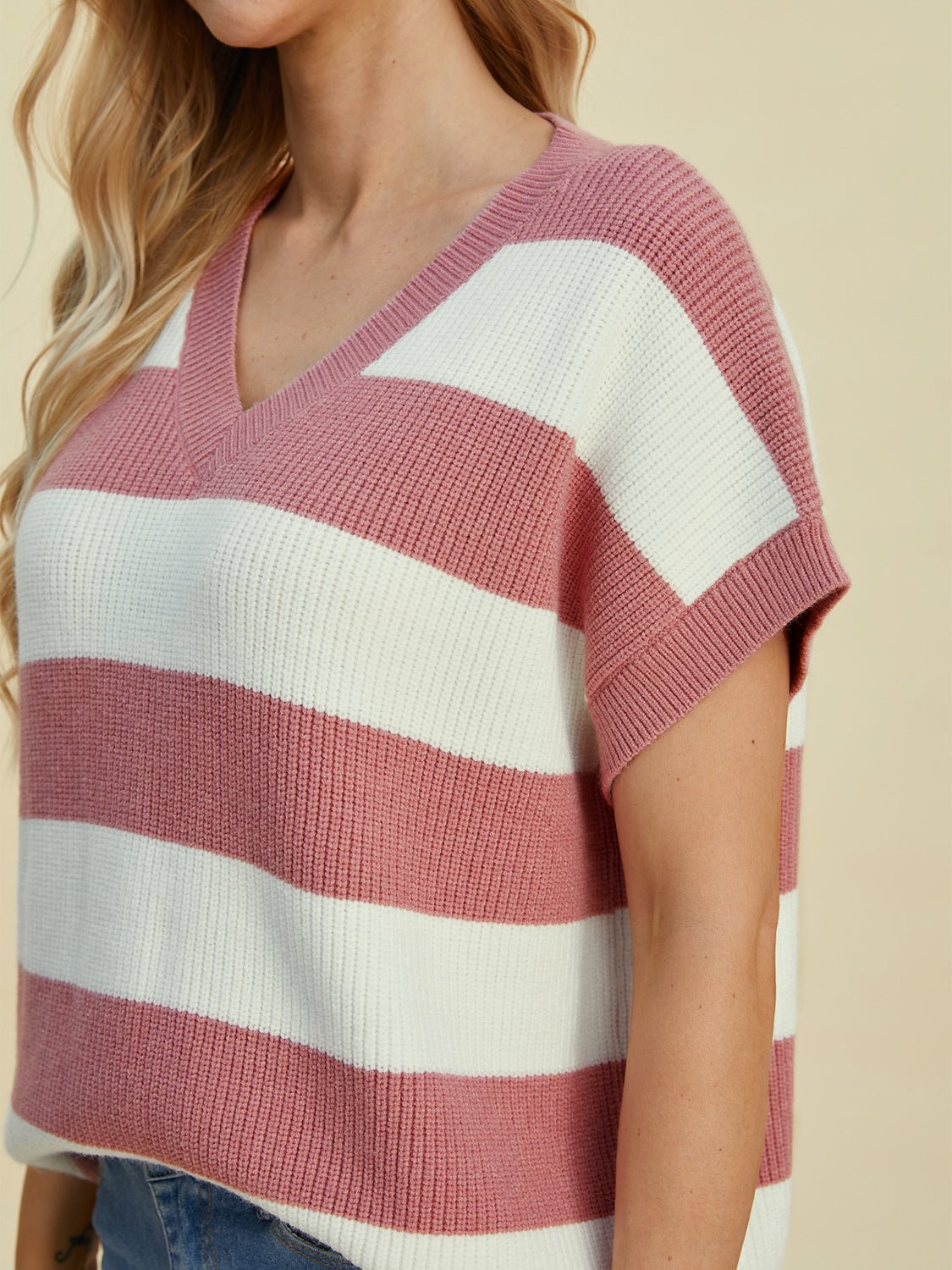 Double Take - Striped V - Neck Short Sleeve Sweater