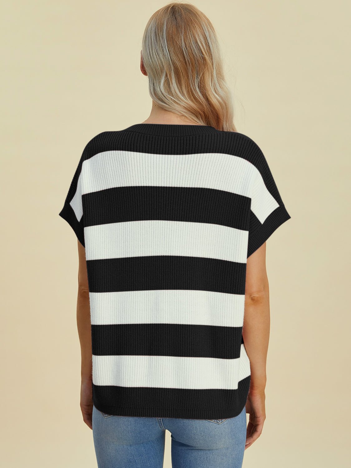 Double Take - Striped V - Neck Short Sleeve Sweater