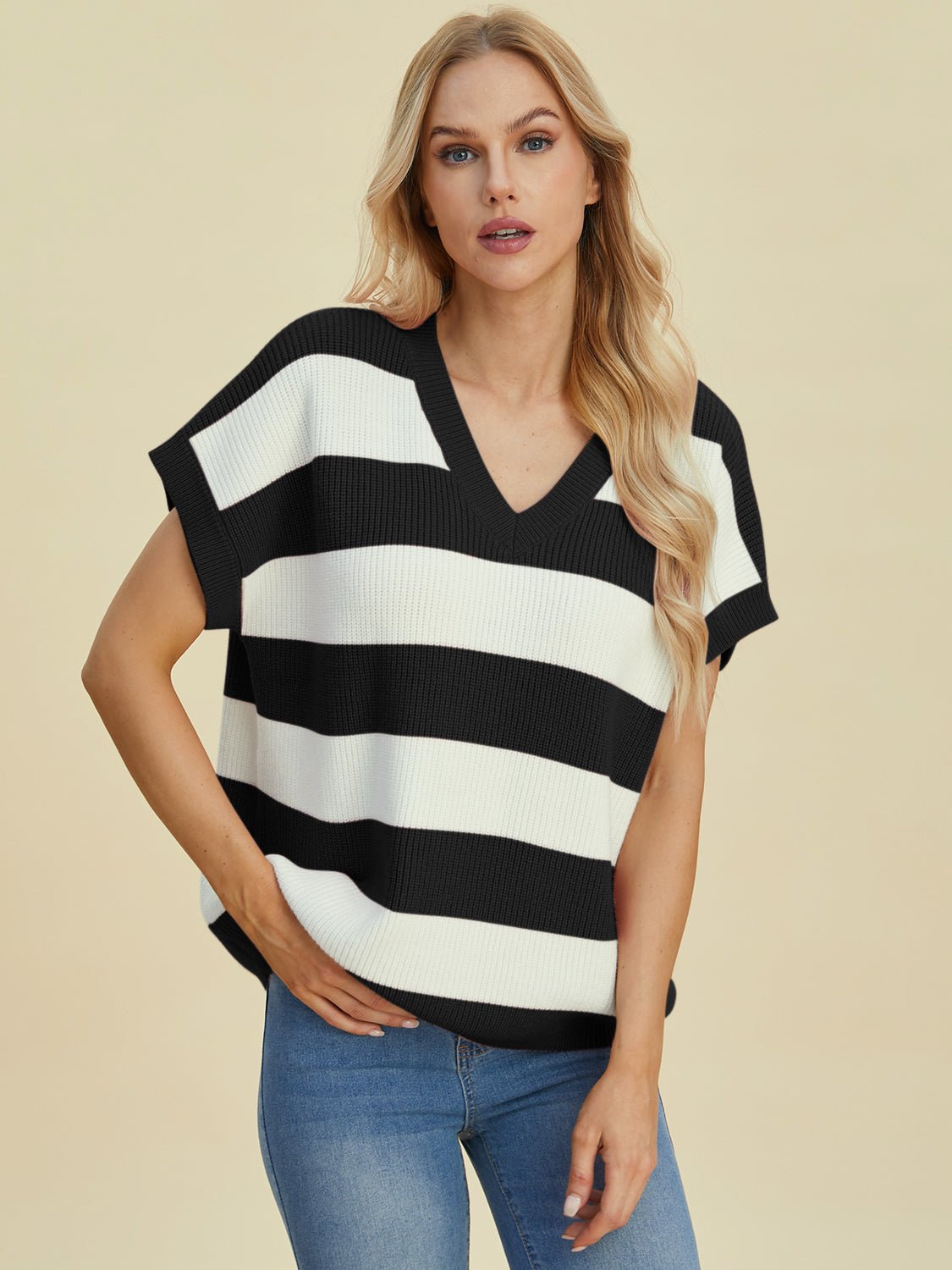 Double Take - Striped V - Neck Short Sleeve Sweater