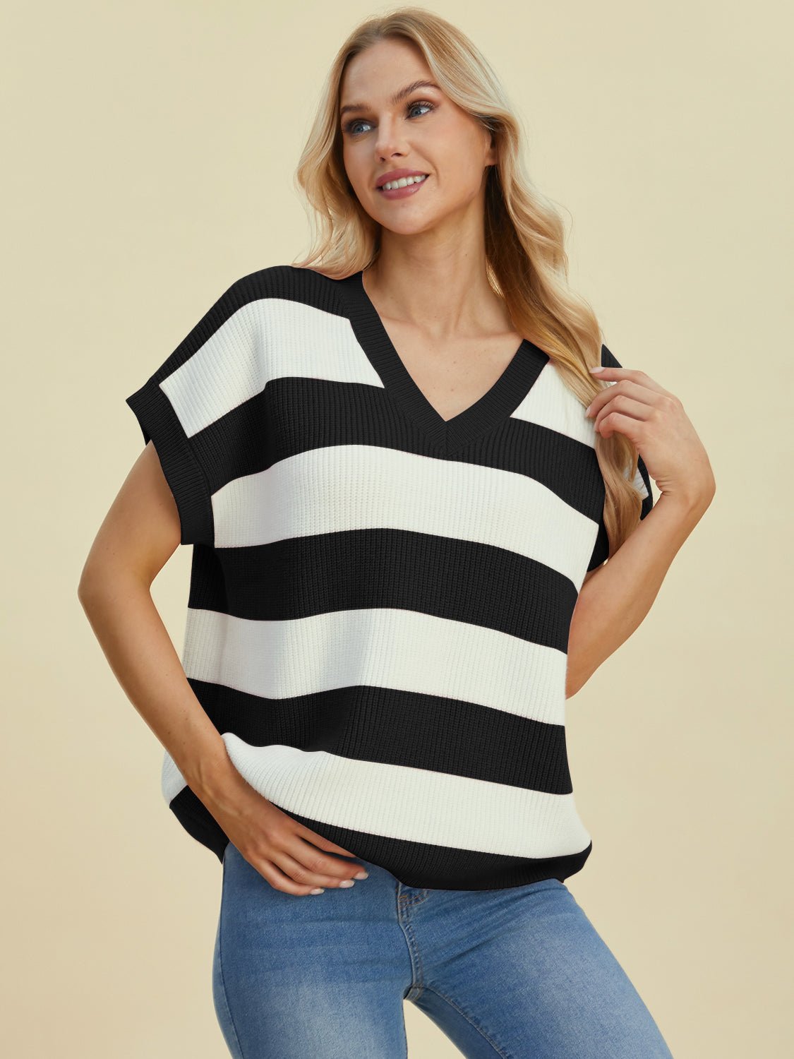 Double Take - Striped V - Neck Short Sleeve Sweater