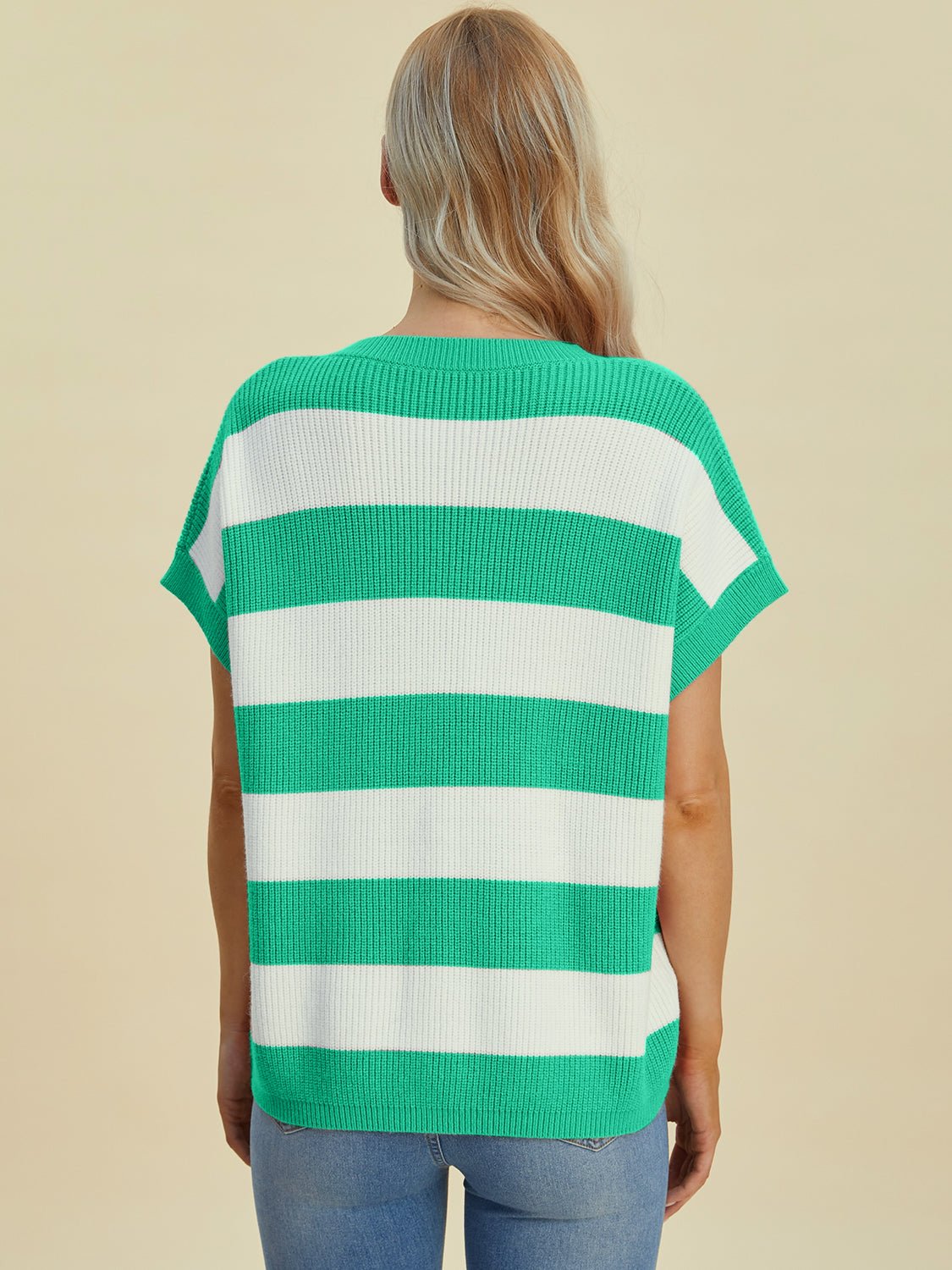 Double Take - Striped V - Neck Short Sleeve Sweater