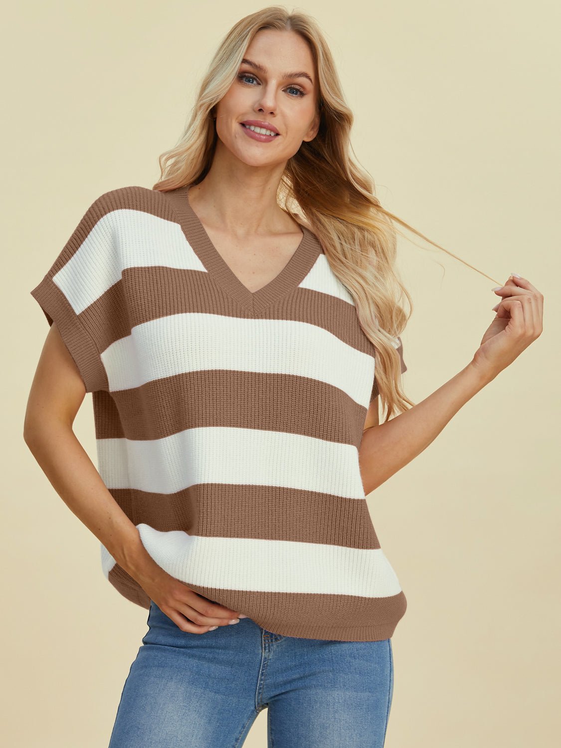 Double Take - Striped V - Neck Short Sleeve Sweater