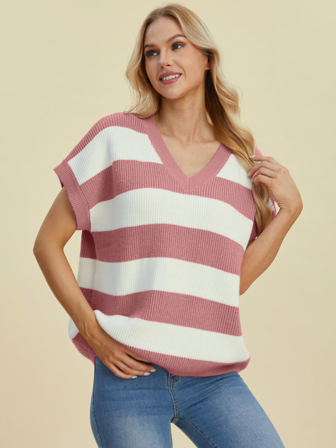 Double Take - Striped V - Neck Short Sleeve Sweater