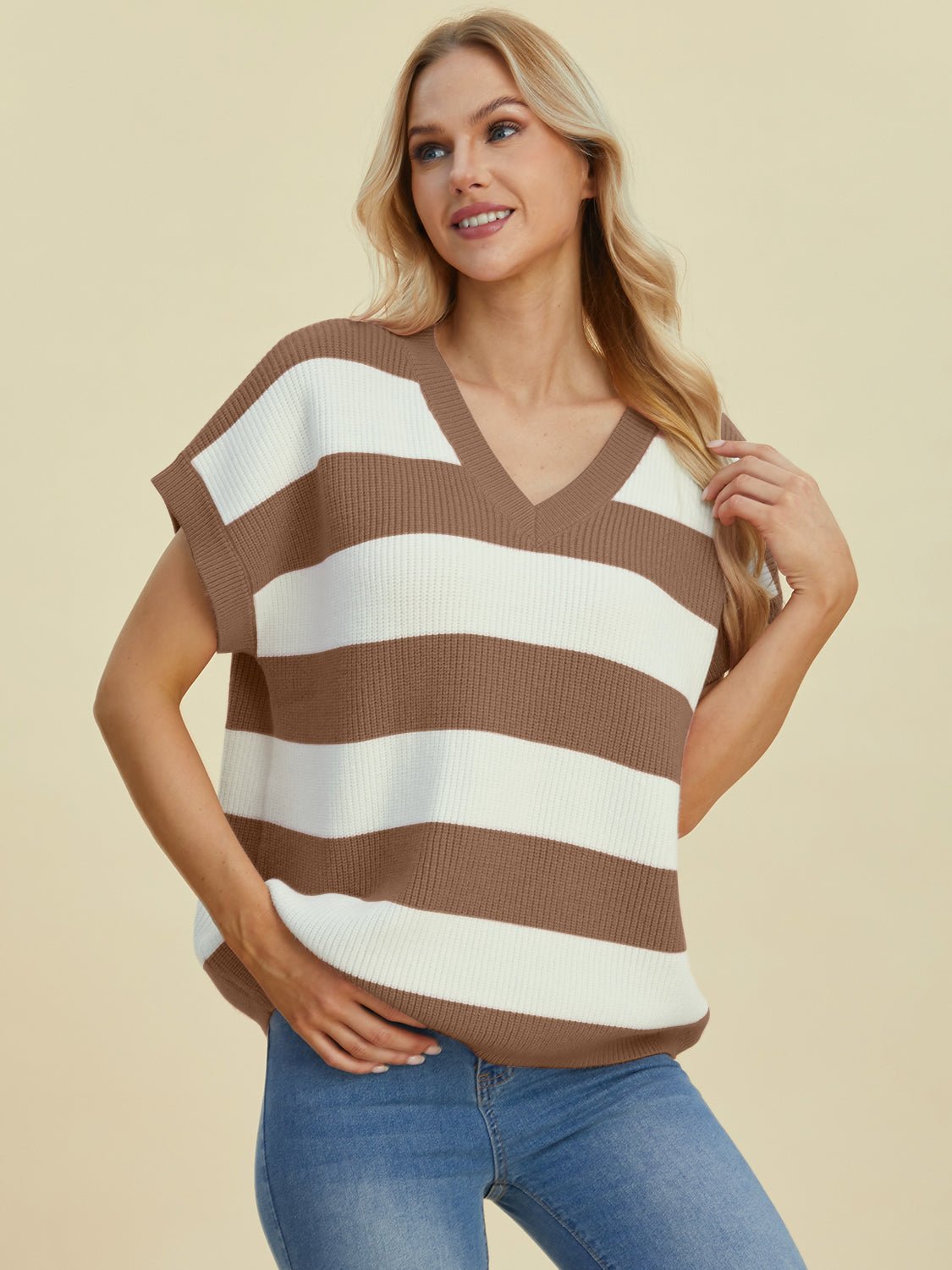 Double Take - Striped V - Neck Short Sleeve Sweater