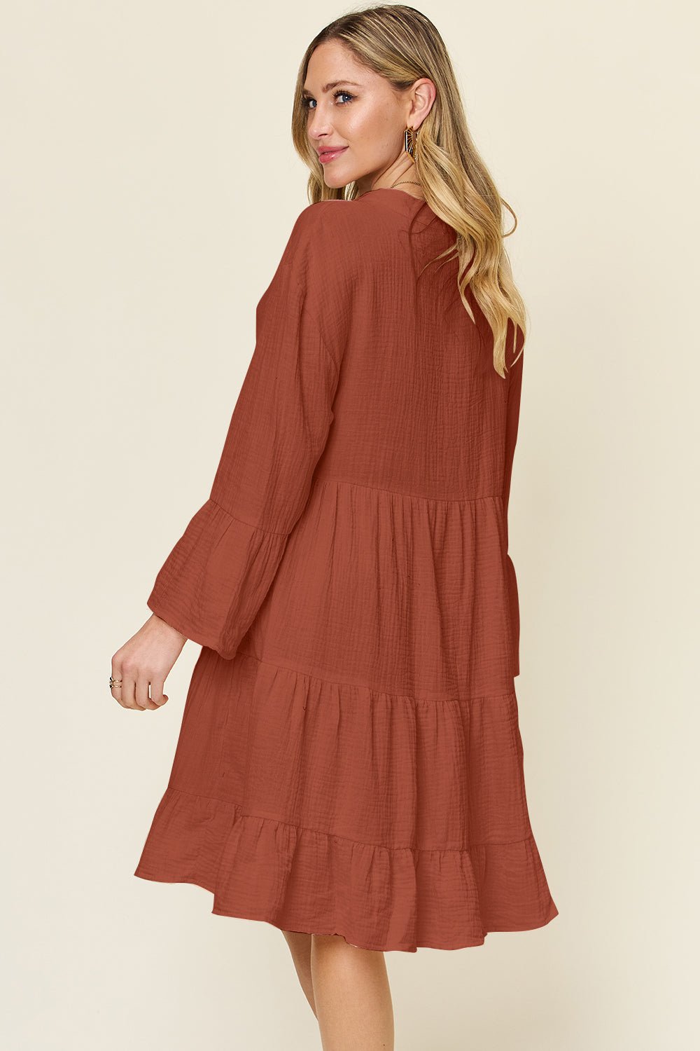 Double Take - Textured Button Up Ruffle Hem Knee - Length Dress