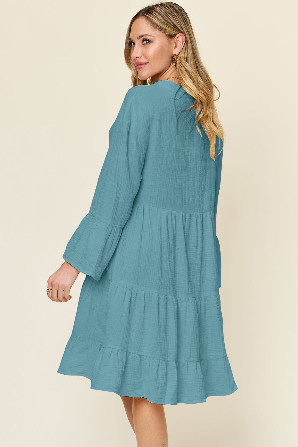 Double Take - Textured Button Up Ruffle Hem Knee - Length Dress