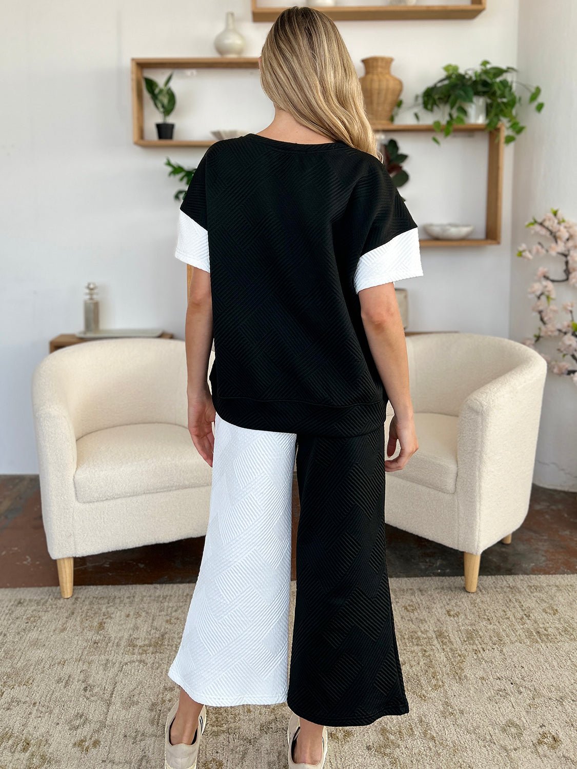 Double Take - Textured Contrast T-Shirt and Wide Leg Pants Set