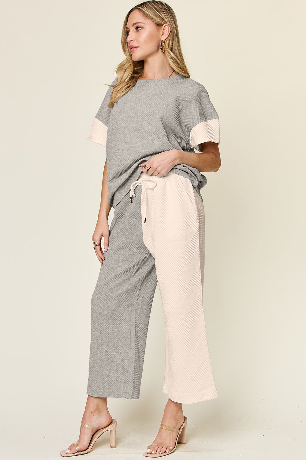 Double Take - Textured Contrast T-Shirt and Wide Leg Pants Set