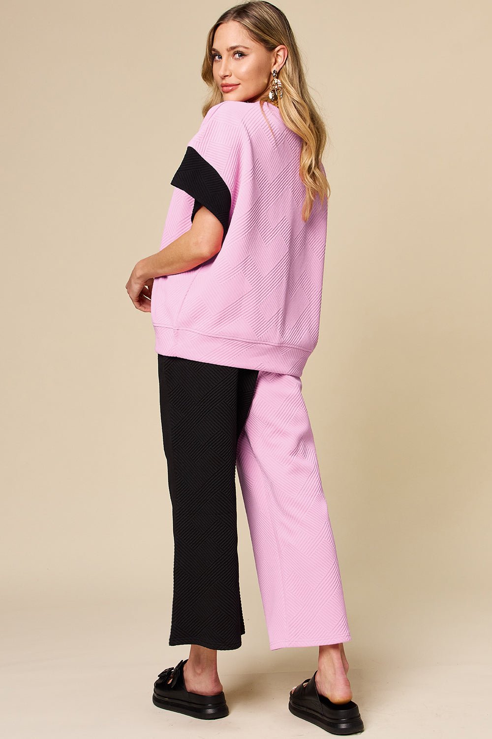 Double Take - Textured Contrast T-Shirt and Wide Leg Pants Set