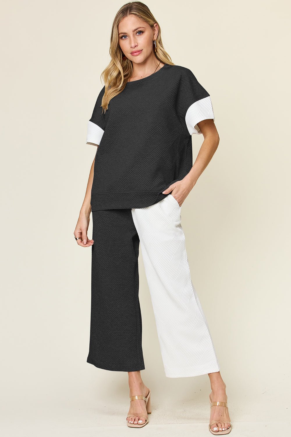 Double Take - Textured Contrast T-Shirt and Wide Leg Pants Set