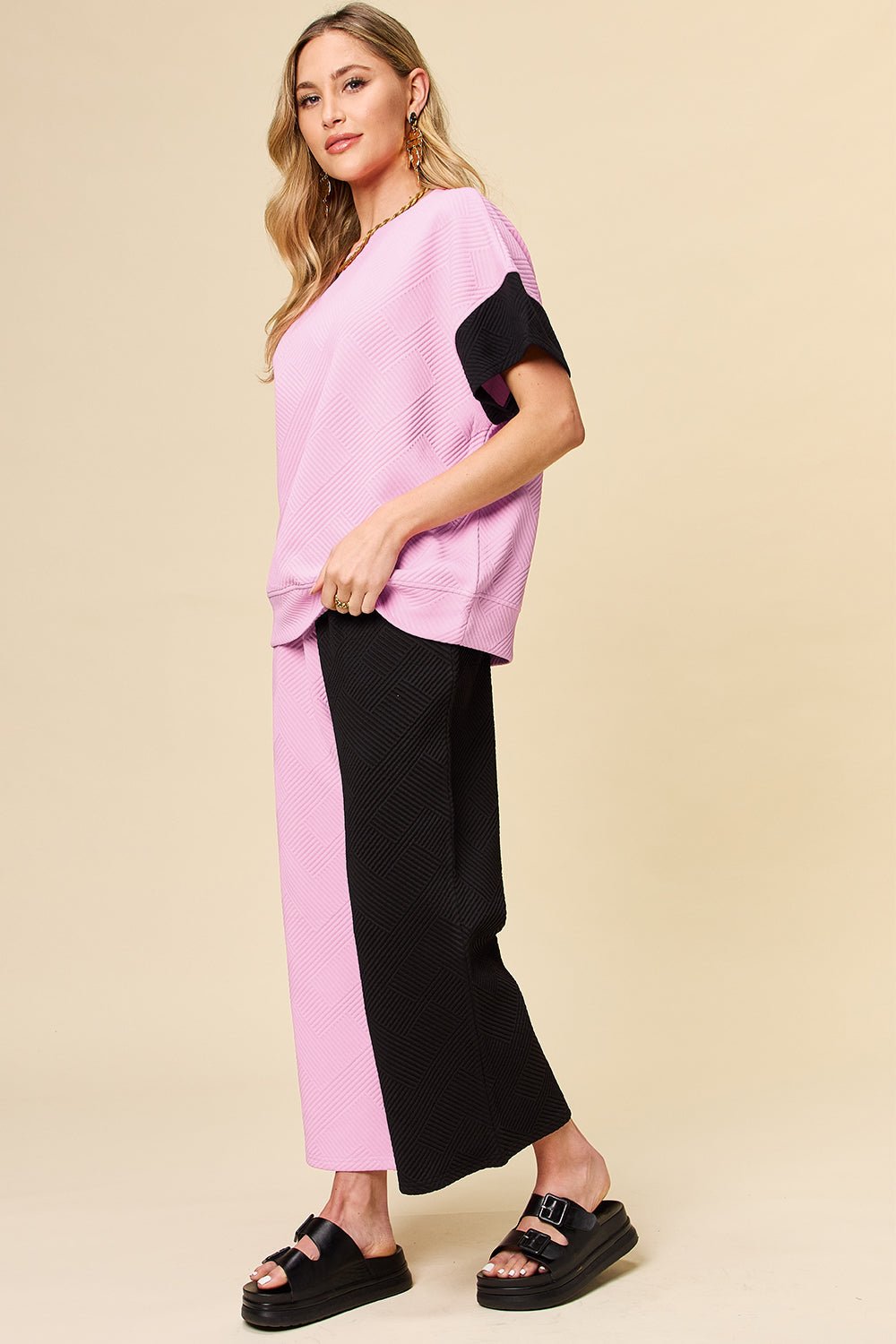 Double Take - Textured Contrast T-Shirt and Wide Leg Pants Set