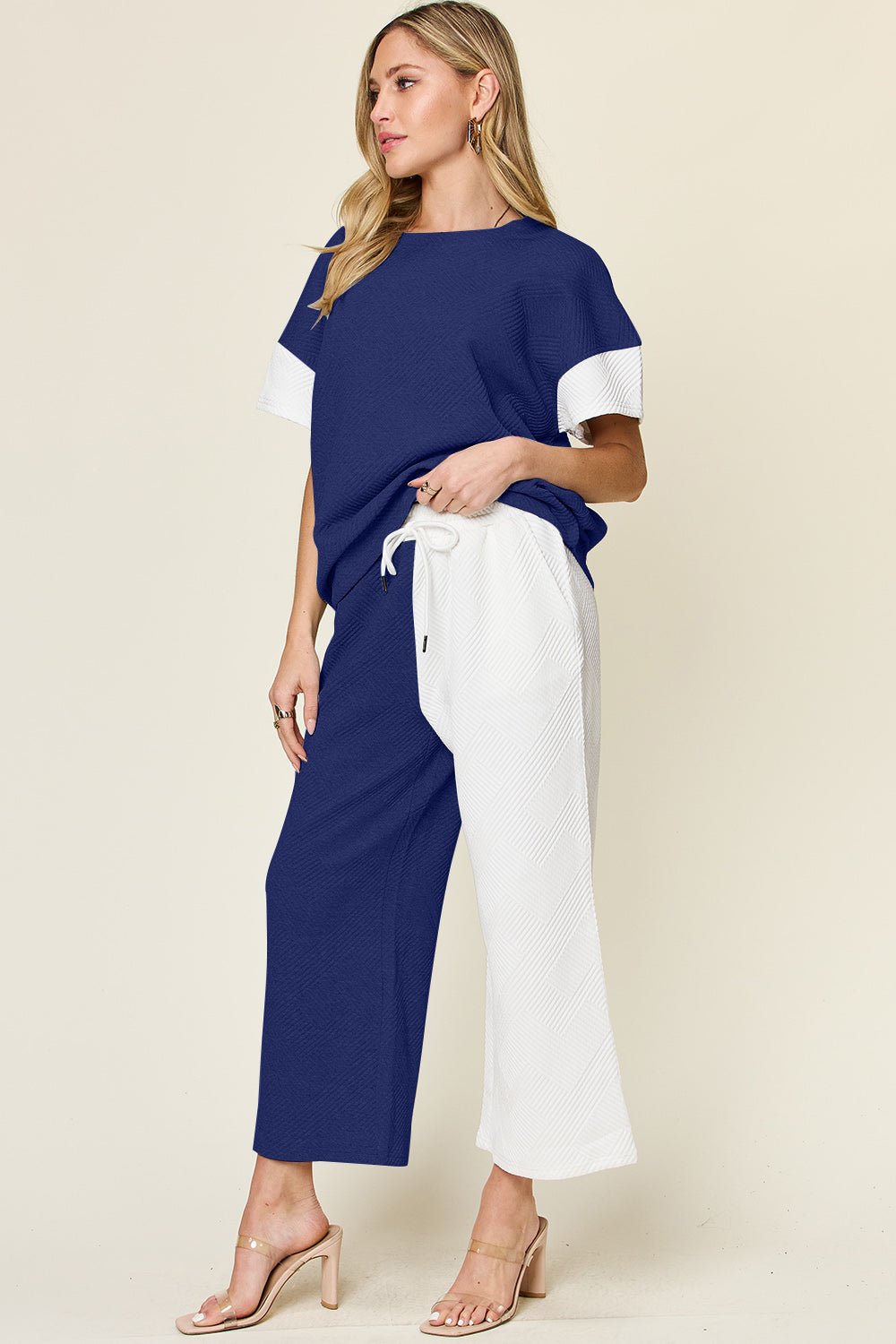 Double Take - Textured Contrast T-Shirt and Wide Leg Pants Set