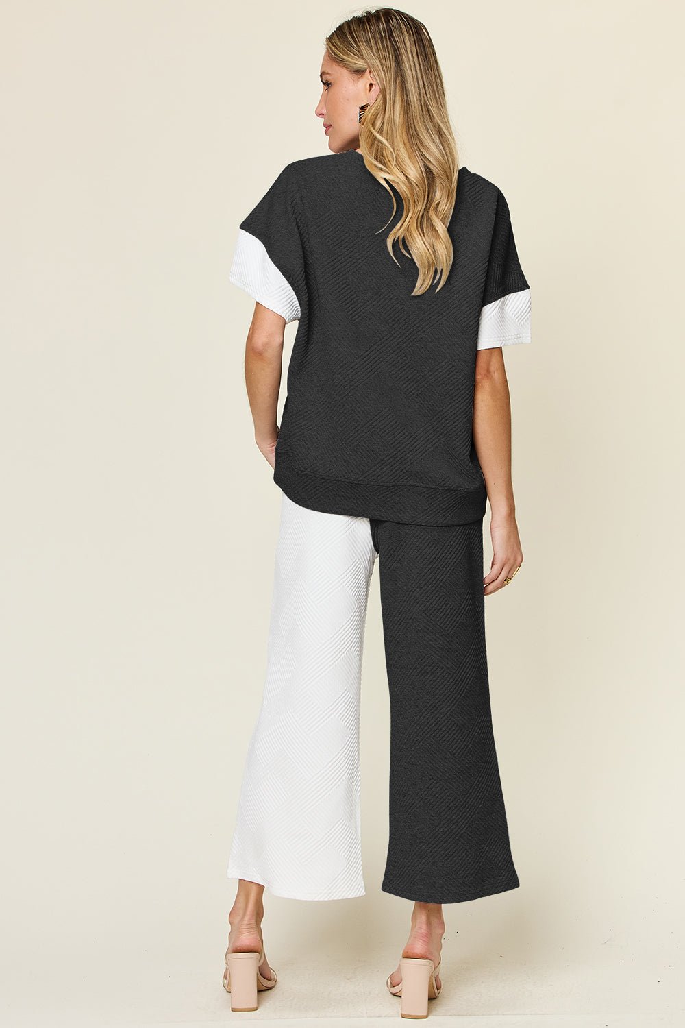 Double Take - Textured Contrast T-Shirt and Wide Leg Pants Set