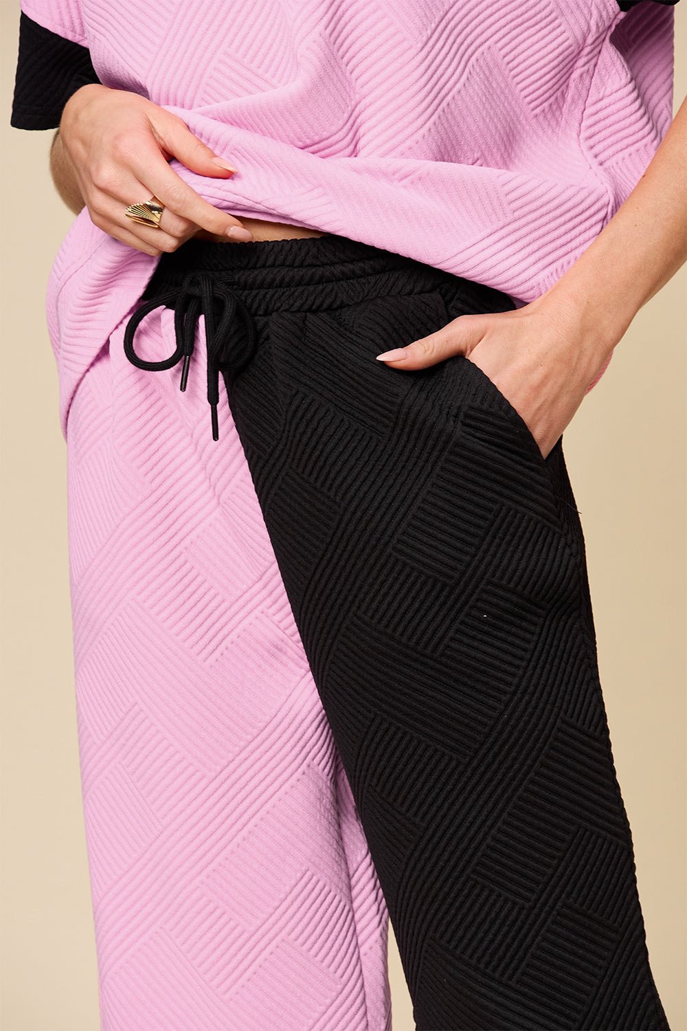 Double Take - Textured Contrast T-Shirt and Wide Leg Pants Set