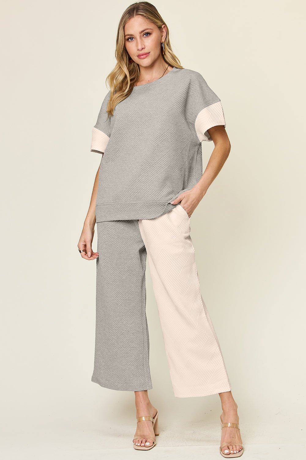 Double Take - Textured Contrast T-Shirt and Wide Leg Pants Set