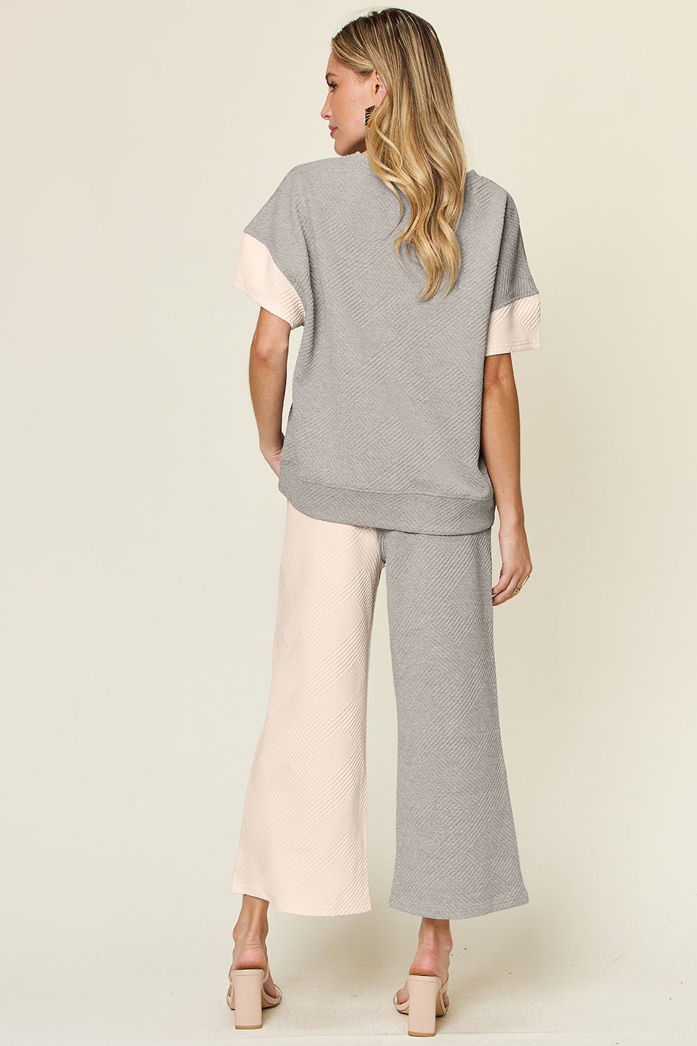 Double Take - Textured Contrast T-Shirt and Wide Leg Pants Set