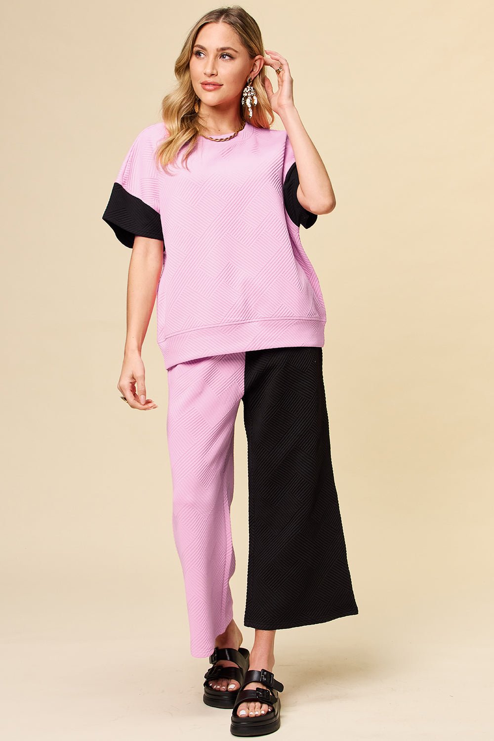 Double Take - Textured Contrast T-Shirt and Wide Leg Pants Set