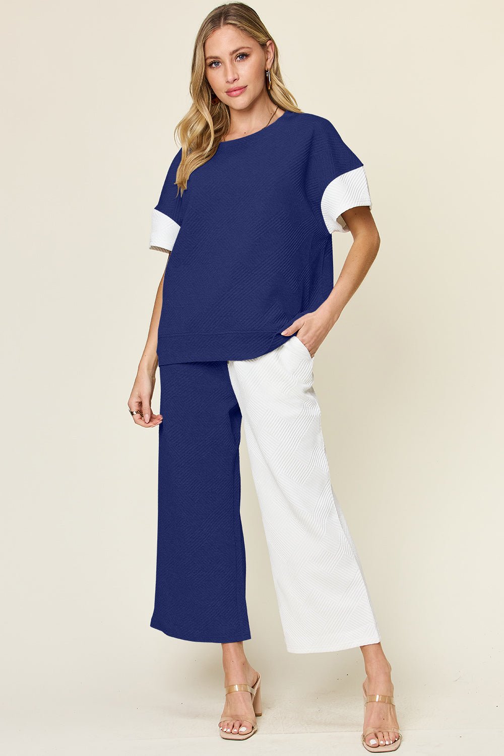 Double Take - Textured Contrast T-Shirt and Wide Leg Pants Set