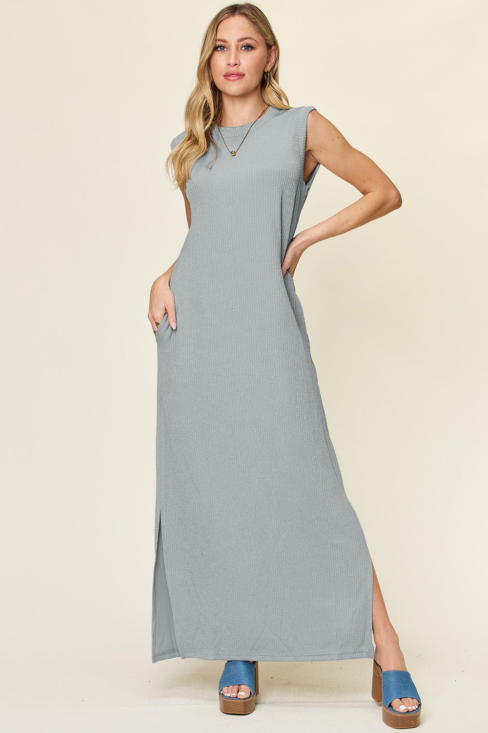 Double Take - Textured Crew Neck Sleeveless Maxi Dress