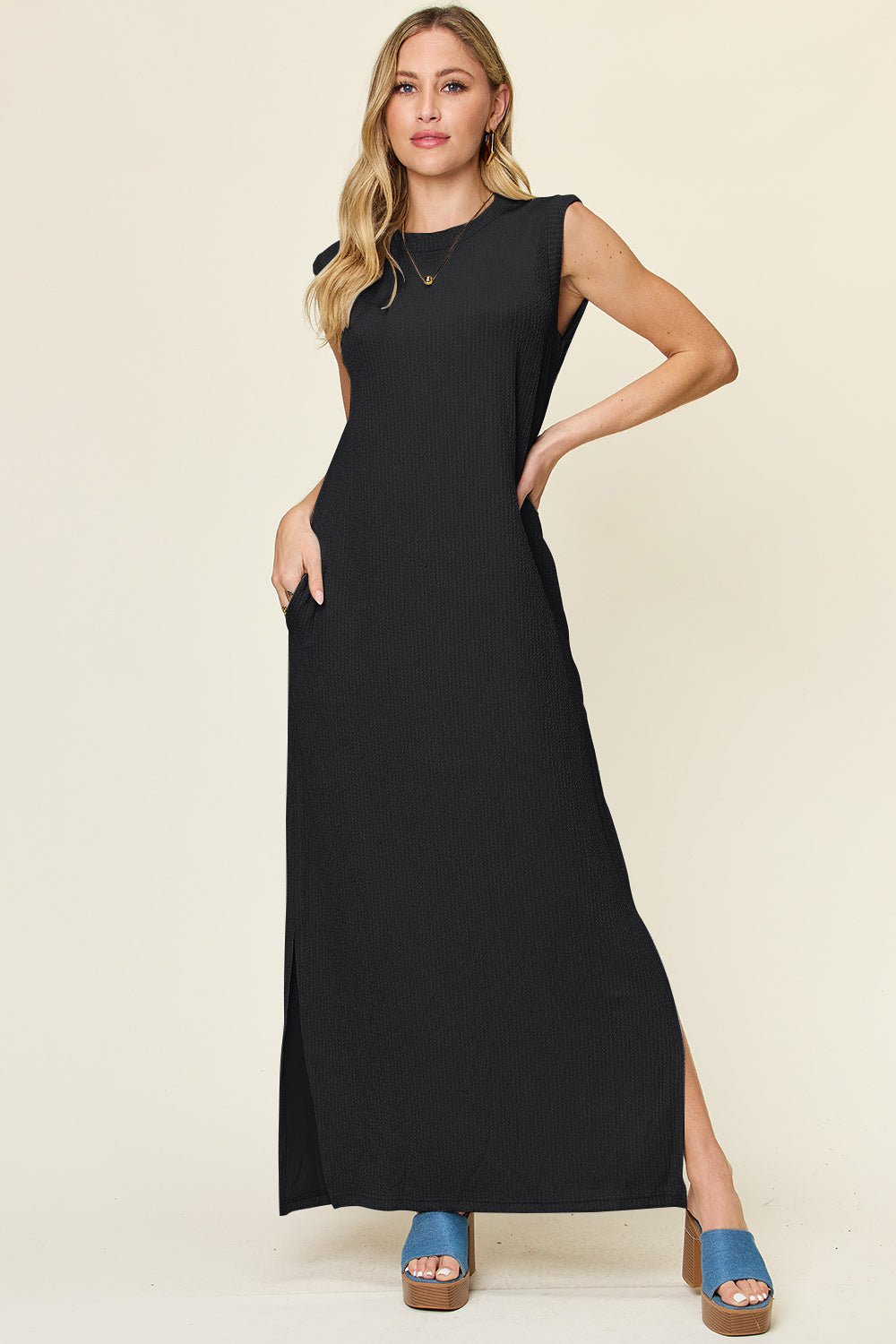 Double Take - Textured Crew Neck Sleeveless Maxi Dress