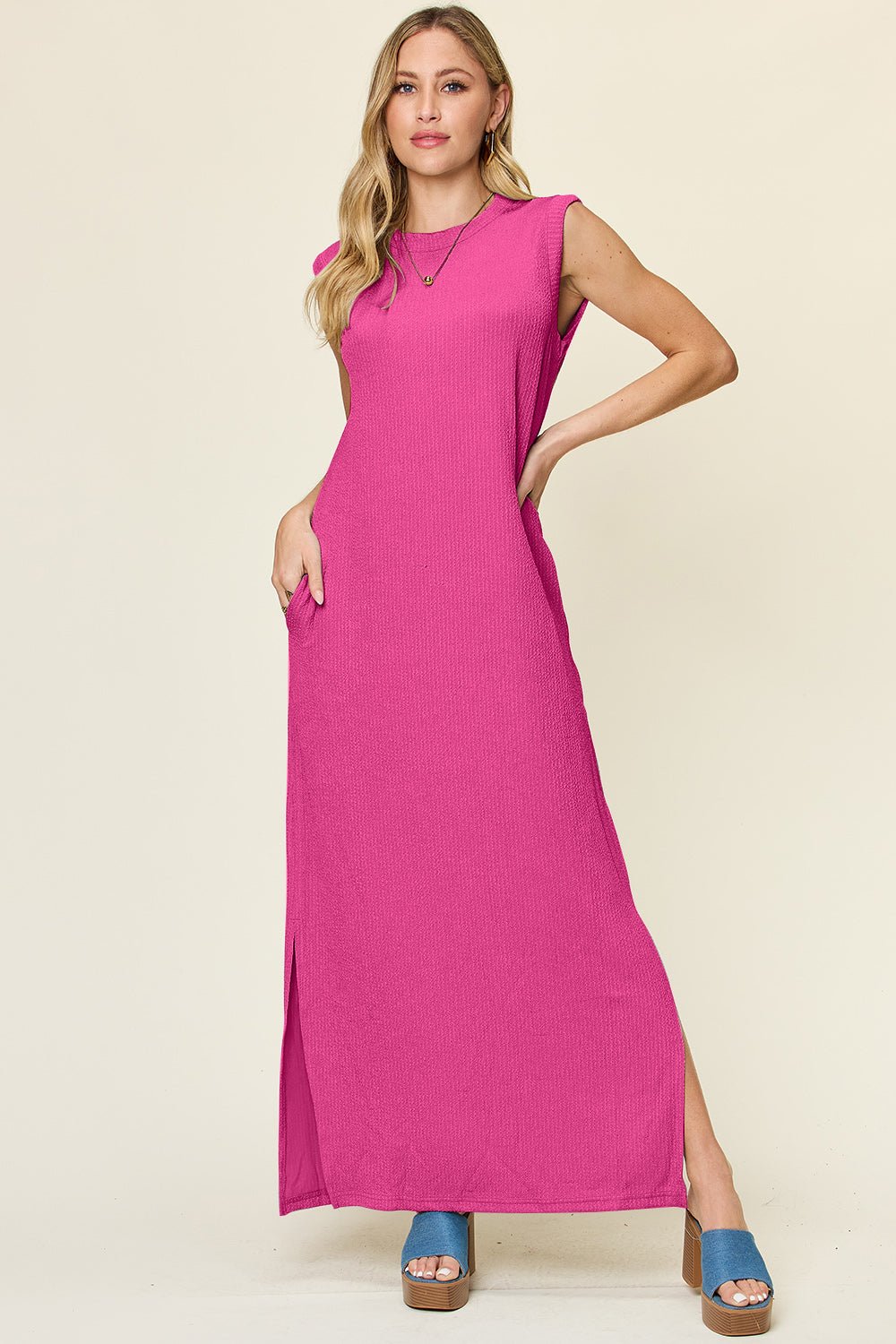 Double Take - Textured Crew Neck Sleeveless Maxi Dress