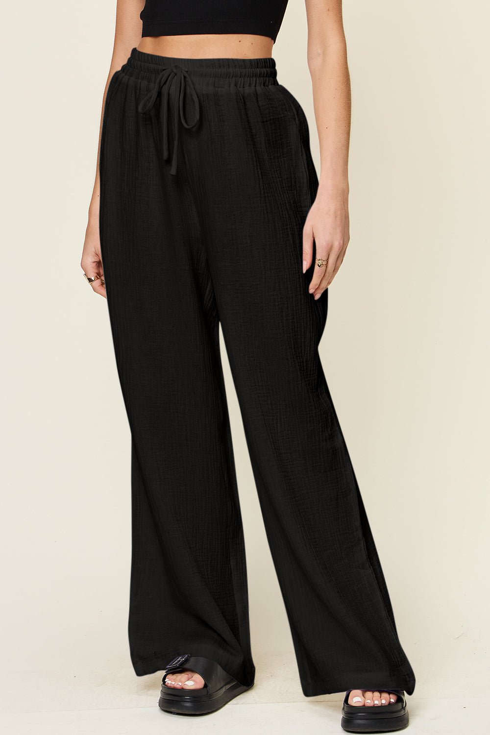 Double Take - Textured Drawstring Wide Leg Pants