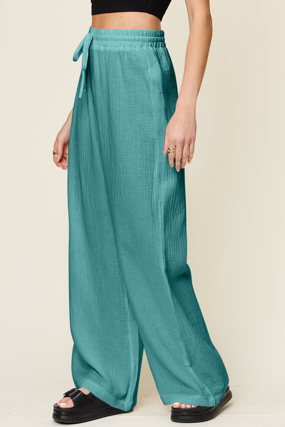 Double Take - Textured Drawstring Wide Leg Pants