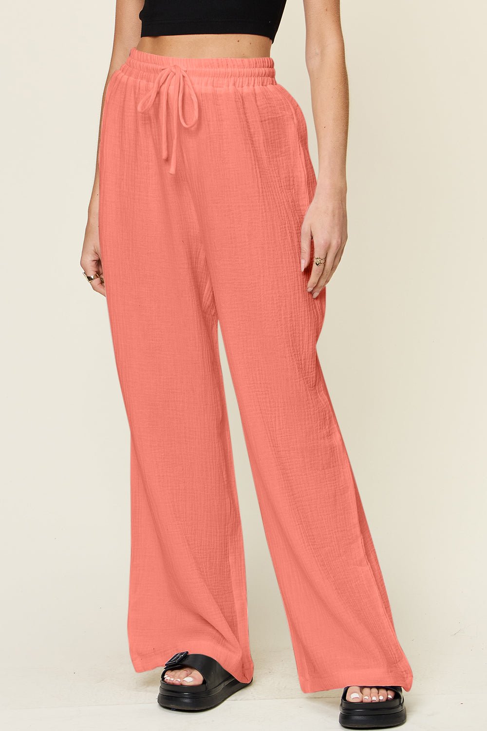 Double Take - Textured Drawstring Wide Leg Pants