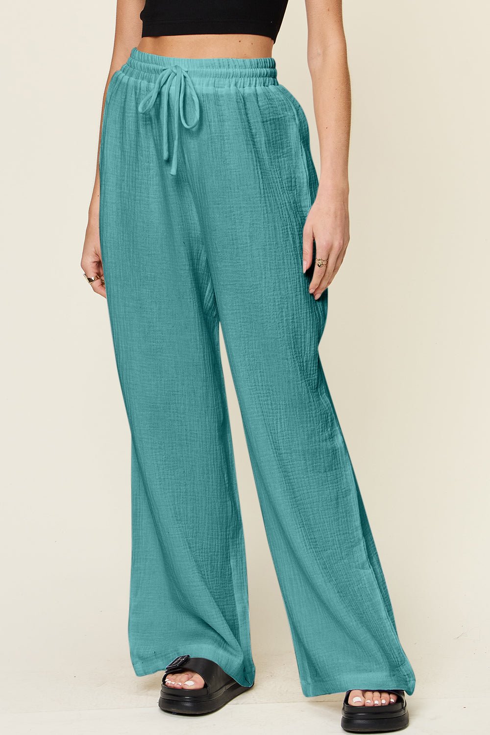 Double Take - Textured Drawstring Wide Leg Pants