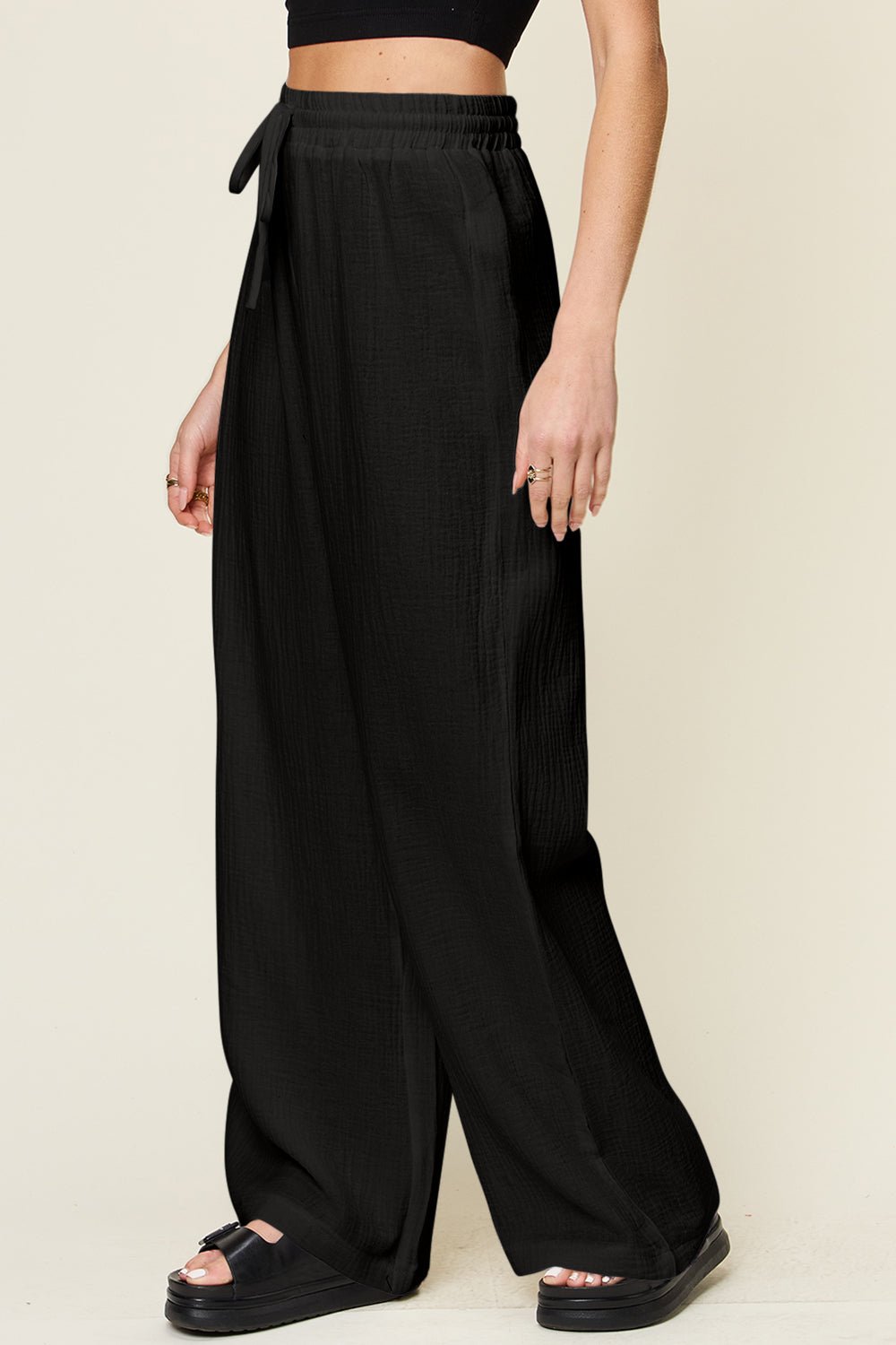 Double Take - Textured Drawstring Wide Leg Pants