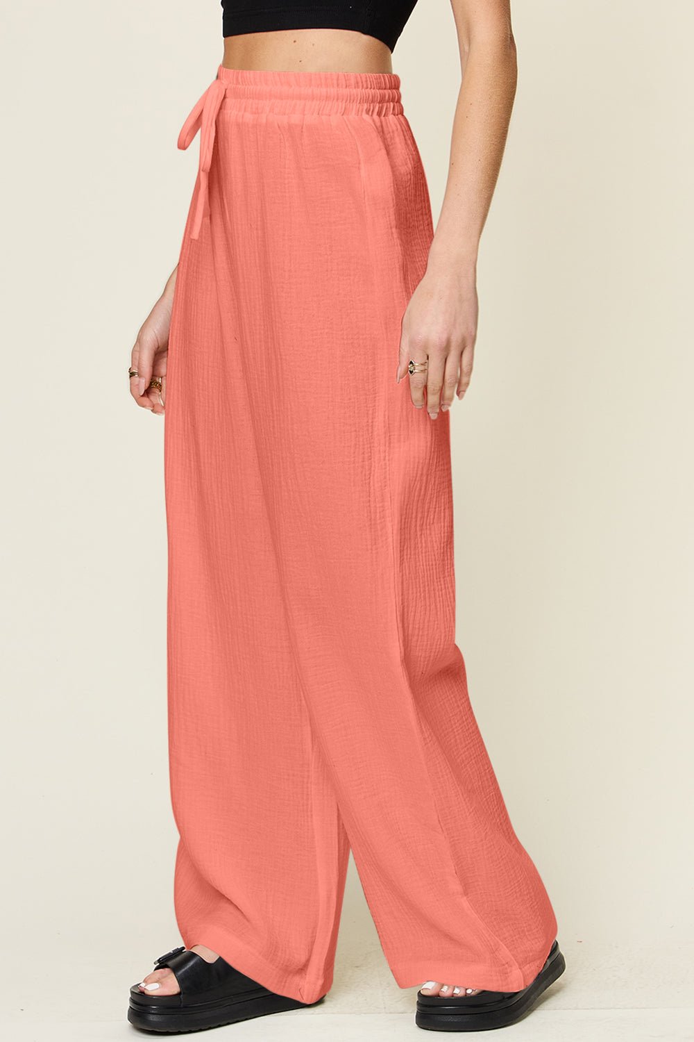 Double Take - Textured Drawstring Wide Leg Pants