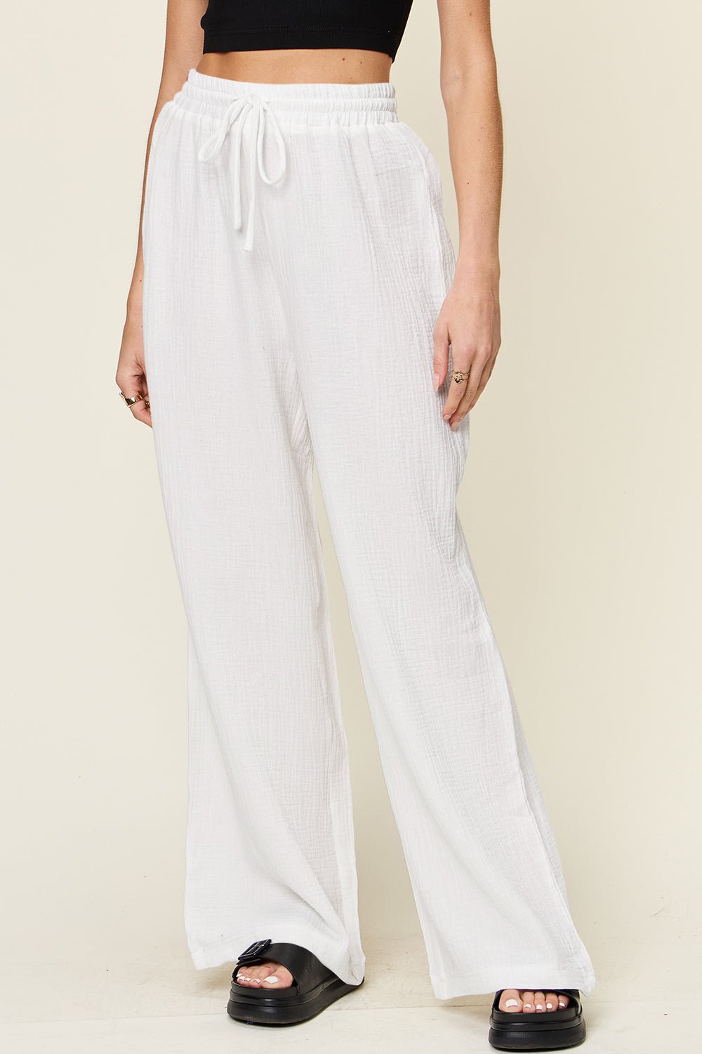 Double Take - Textured Drawstring Wide Leg Pants