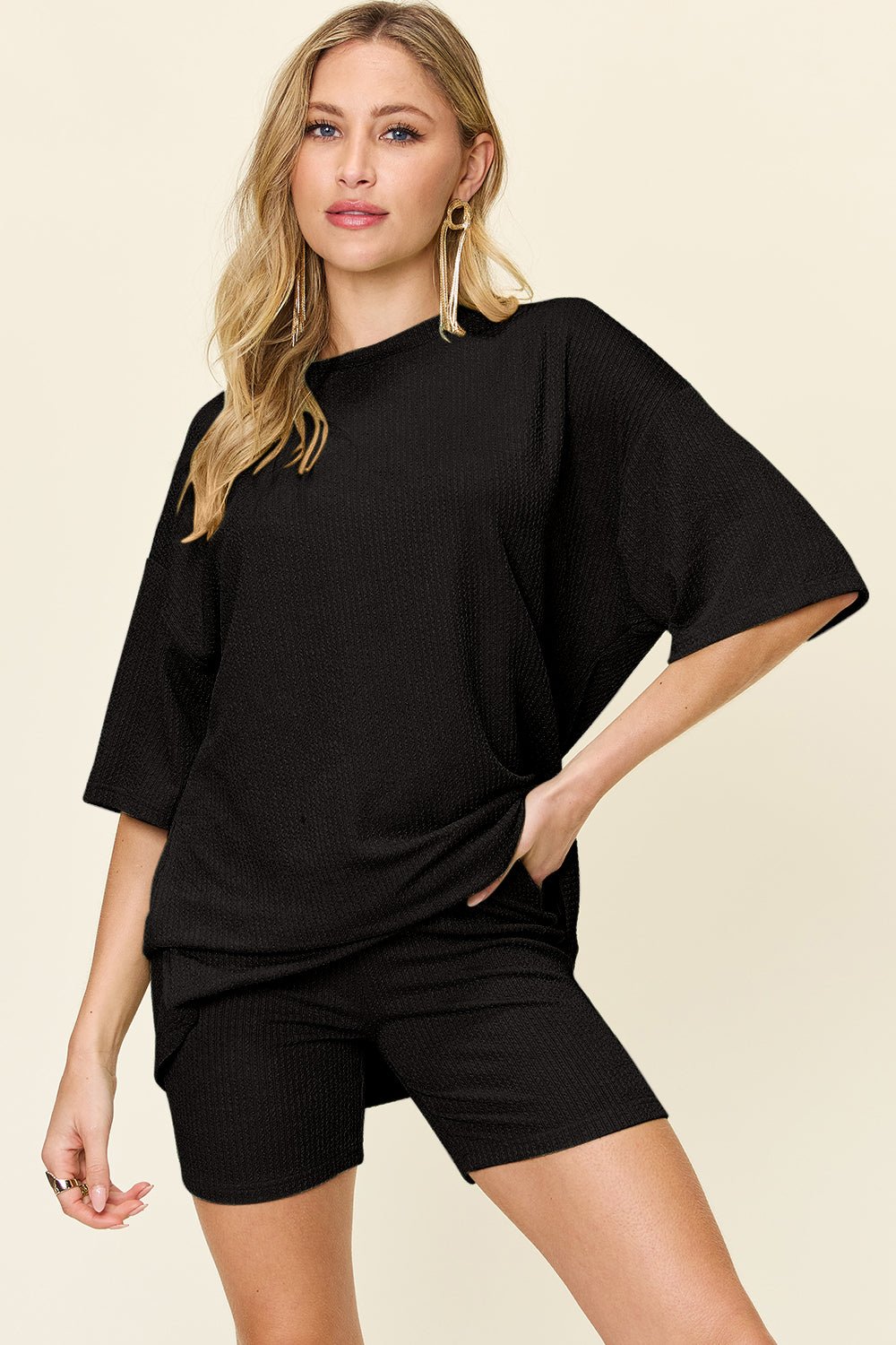 Double Take - Textured Drop Shoulder T-Shirt and Shorts Set