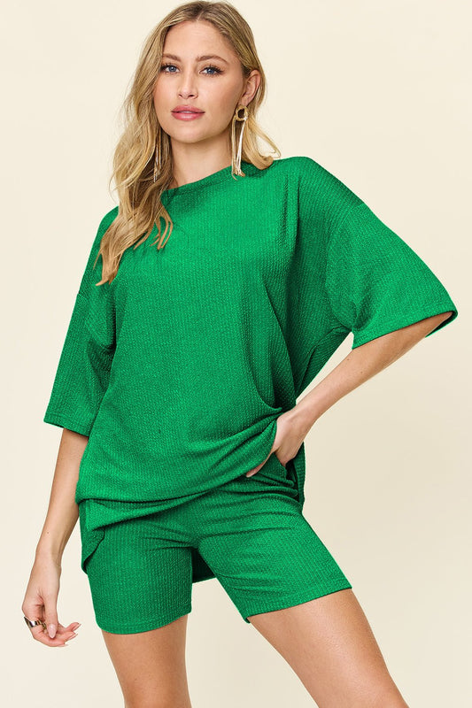 Double Take - Textured Drop Shoulder T-Shirt and Shorts Set