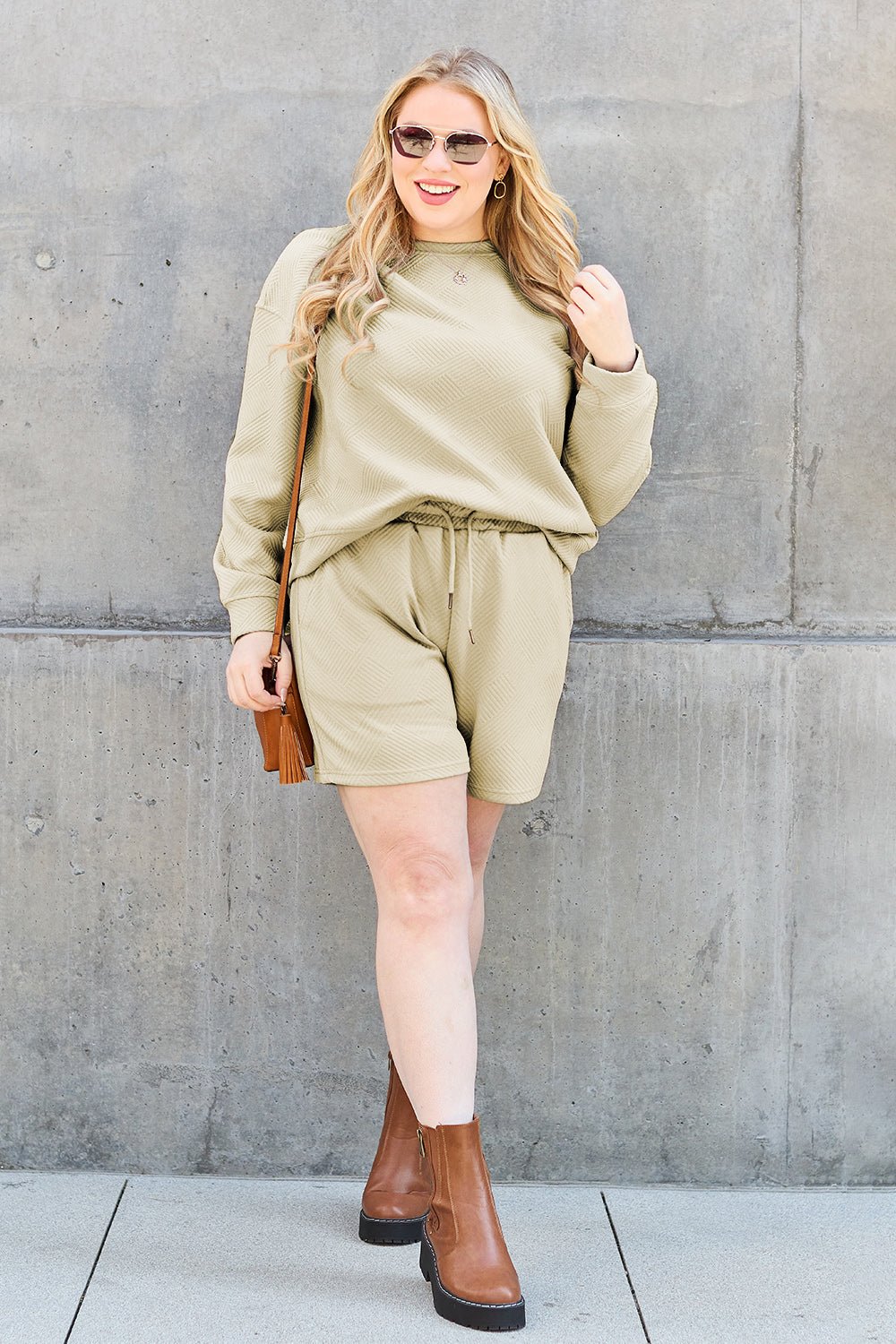 Double Take - Textured Long Sleeve Top and Drawstring Shorts Set