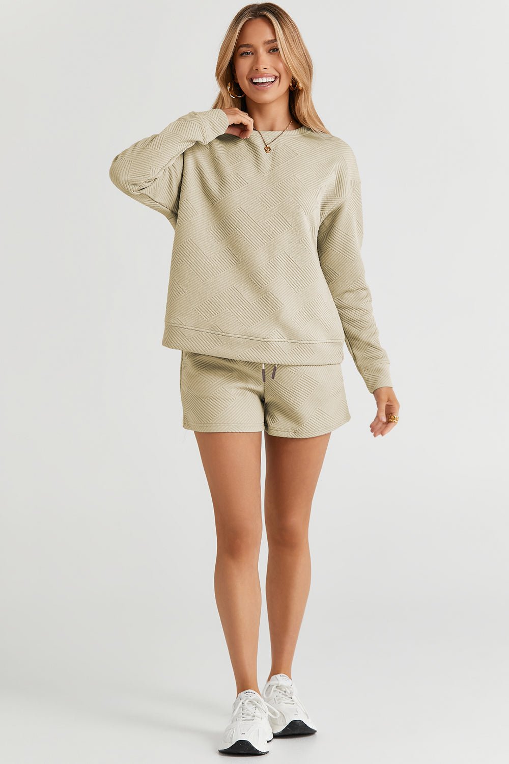 Double Take - Textured Long Sleeve Top and Drawstring Shorts Set