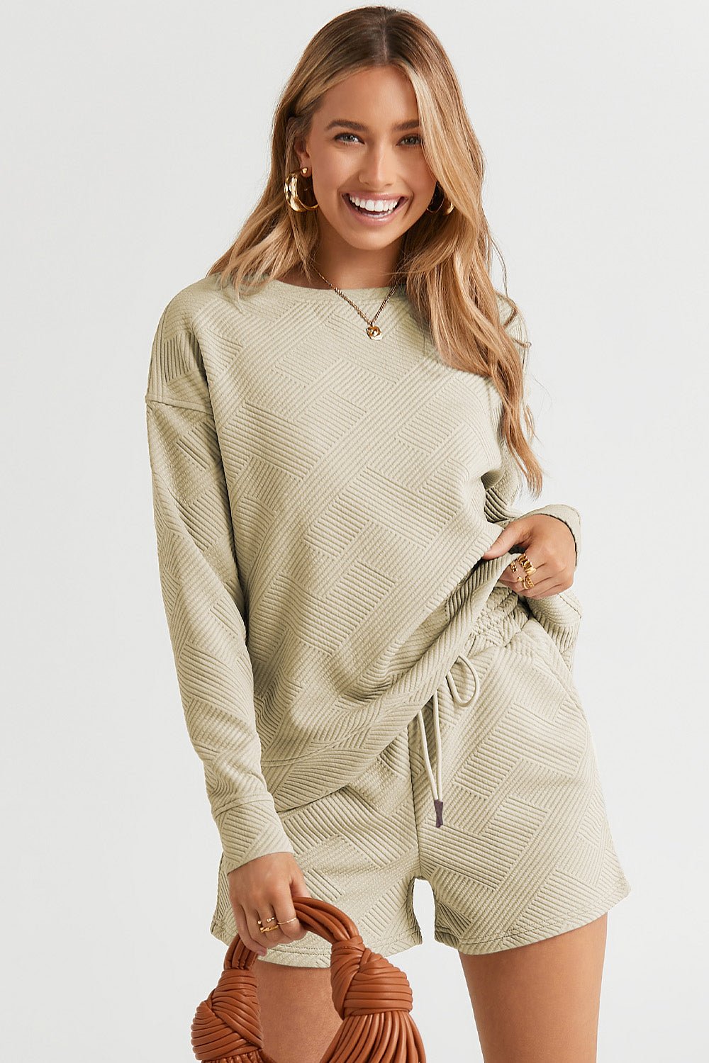 Double Take - Textured Long Sleeve Top and Drawstring Shorts Set